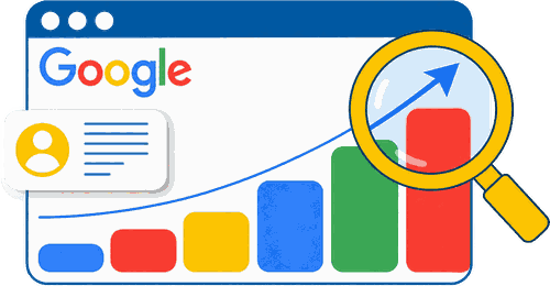 Google search results, rising ranking bars, and a magnifying glass